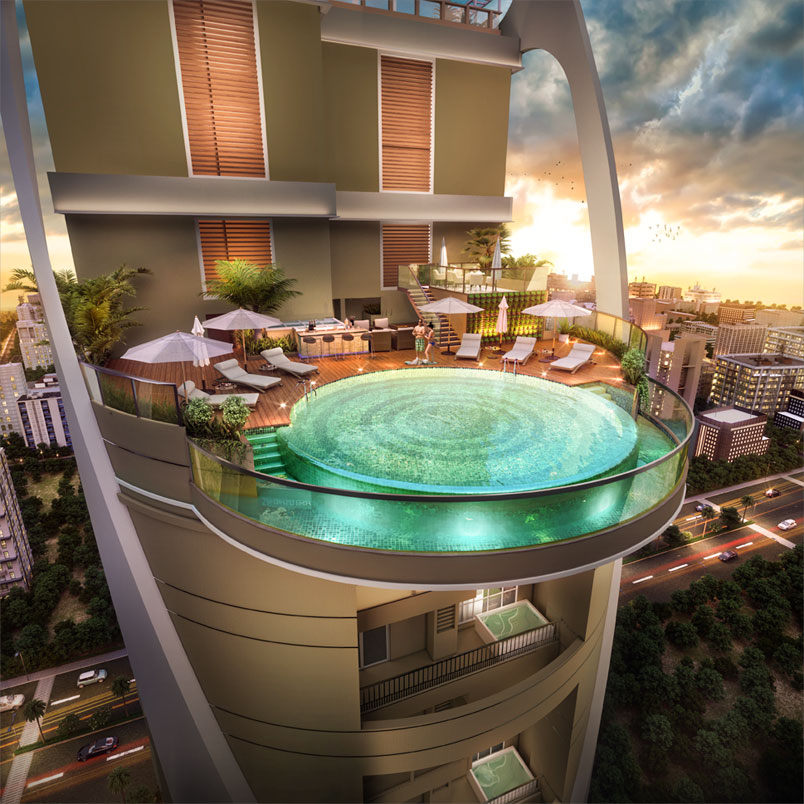 Burj Noida rooftop infinity pool and SkyForest kitchen